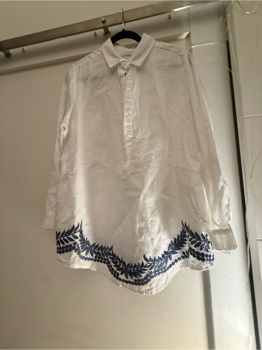 Peck & Peck White Linen Embroidered Tunic Blouse Coastal Grandma Boho Top